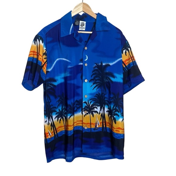 Vtg Kennington Mens Shirt Blue Large Button Up Hawaiian Beach California Island - Picture 1 of 7